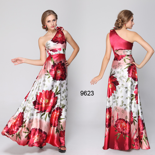 2013 New Fashion One Shoulder Reds Floral Printed Flower Satin Evening Dress FREE DROP SHIPPING