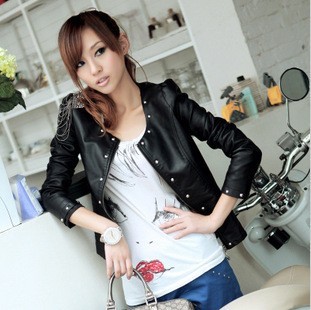 2013 new fashion PU clothing outerwear personality rivet o-neck short jacket female motorcycle outerwear