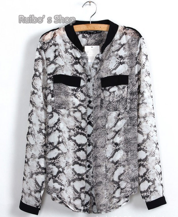 2013 New Fashion Python Print Chiffon Blouse Sexy White Blouses Snake Contrast Color Shirt Women Long Sleeve Free Shipping