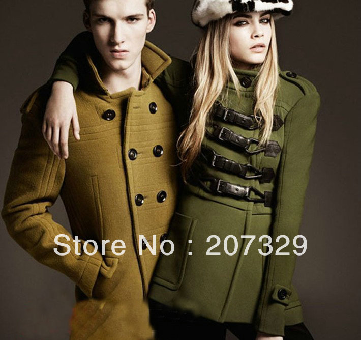 2013 New fashion Quality womens' woolen Vintage Army Green Double breasted Trench coat leather button casual elegant outwear