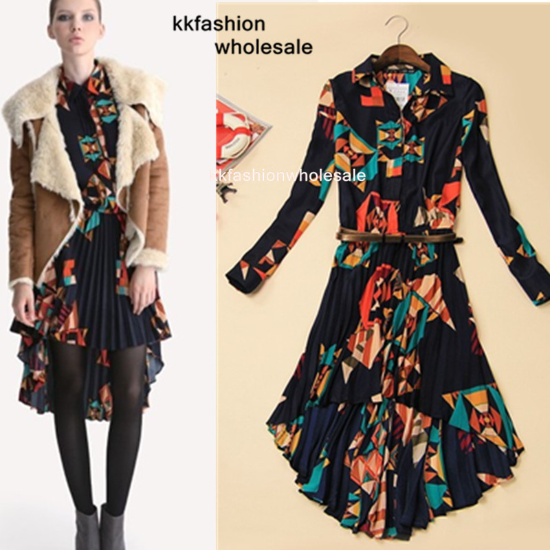 2013 New Fashion Restore Spring Women Ladies Beautyful Geometric Print Chiffon Long Sleeve Asymmetrical Dress Free Shipping