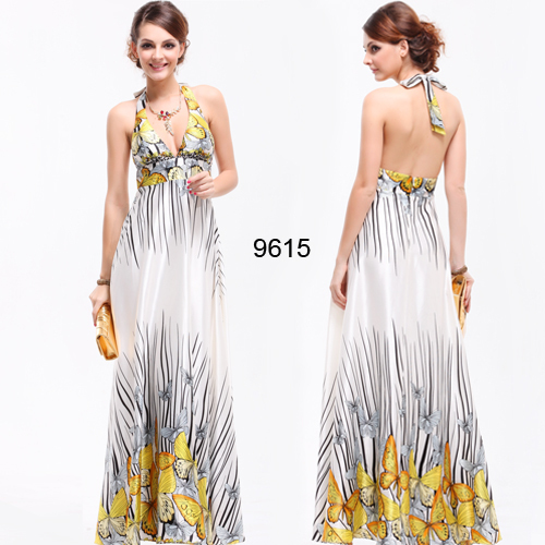 2013 New Fashion Sexy Plunge V-neck Halter Butterfly Printed Evening Dress FREE DROP SHIPPING