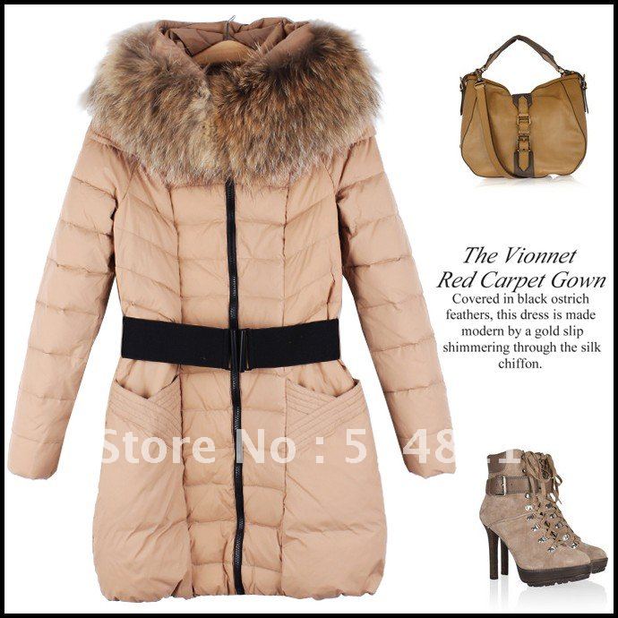 2013 new fashion slim  fur collar Belted women long down jacket  free shoping