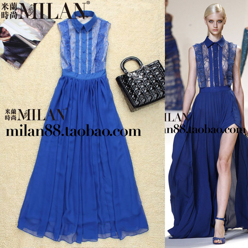 2013 new fashion spring and summer women crocheted lace embroidery long evening dress prom will put on a large blue red