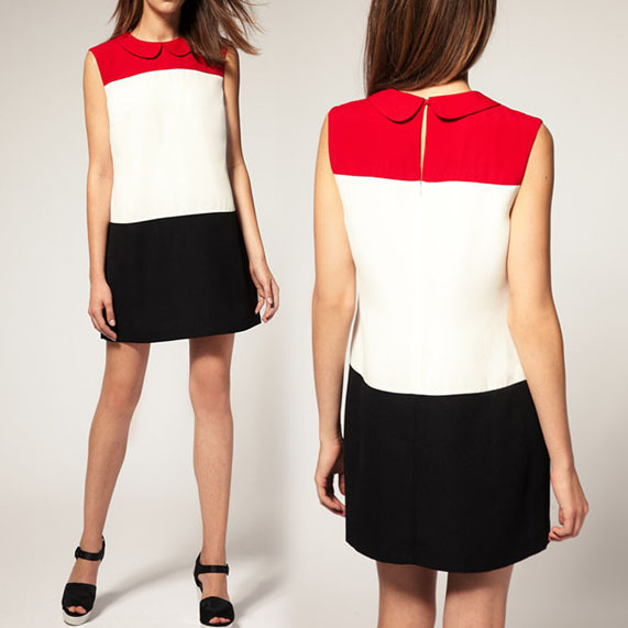 2013 New Fashion Spring Summer Splicing Chiffon Sleeveless Lapel Doll Collar Pencil Dress #L034566