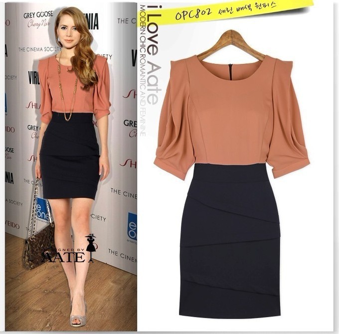 2013 New Fashion Women Dress Office Lady Buiness Dress Half Sleeve Montage Chiffon Dress For Women Free Shipping