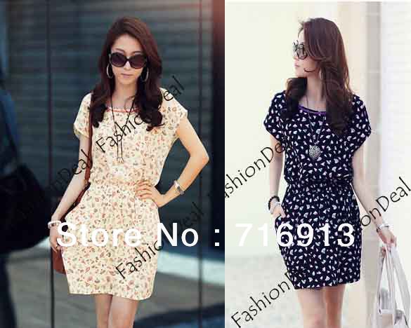 2013 New Fashion Women Round Neck Floral Prints Short Sleeve Shirt Chiffon Dress Free Shipping 10047