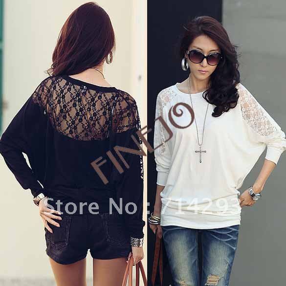 2013 New Fashion Women's Batwing Top Dolman Lace Loose Long Sleeve T-Shirt Blouse Black White M-L free shipping 5674