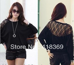 2013 New Fashion Women's Batwing Top Dolman Lace Loose Long Sleeve T-Shirt Blouse Black White M-L free shipping