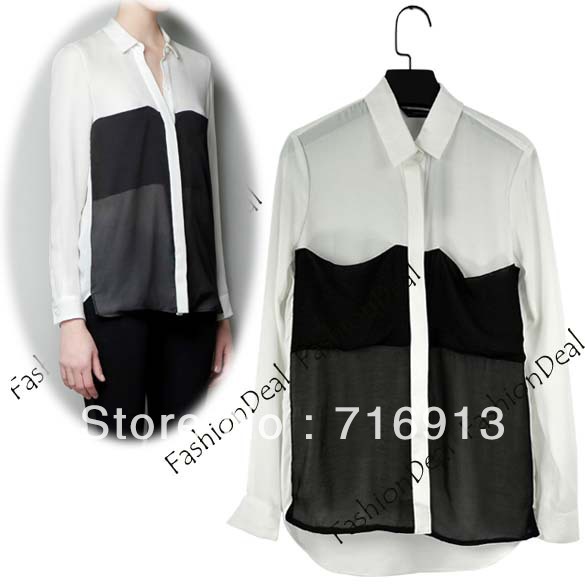 2013 New Fashion Women's Black White Splicing Double Pocket Chiffon Blouse Shirt Tops Free Shipping 11106