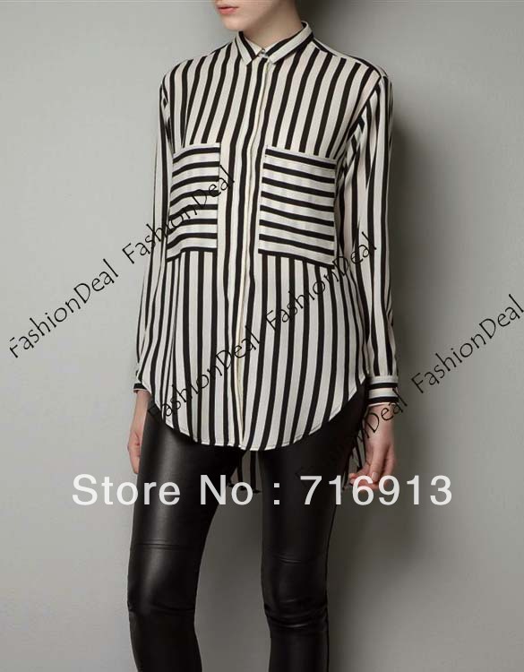 2013 New Fashion Women's Black White Stripe Long Sleeve Blouse Chiffon Shirt Tops Free Shipping 11110