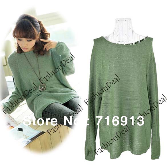 2013 New Fashion Women's Casual Loose Long Batwing Round Neck Knitted Sweater Pullover Jumper 4Colors free shipping 9391