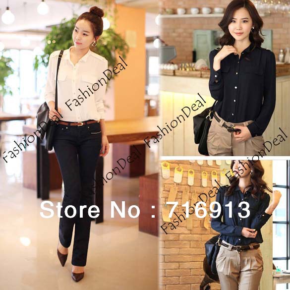 2013 New Fashion Women's Casual OL Blouse Slim Fit Stylish Chiffon Long Sleeve Shirt  3 Colors 3 Size Free Shipping 7442