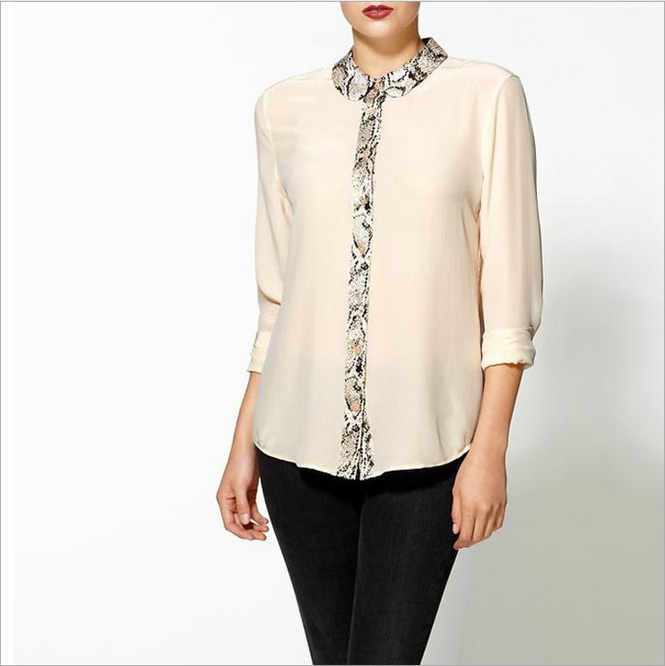 2013 New Fashion Women's Elegant Peter Pan Collar Snake Print Closure Casual Chiffon Shirts Fashion Blouse Designer Brand Tops