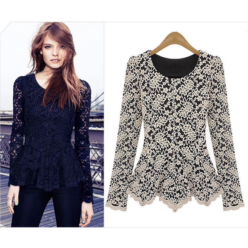 2013 new fashion women's Euro-Amer crochet black lace o neck temperament long sleeve Blouses bottom shirt Z237drop shipping