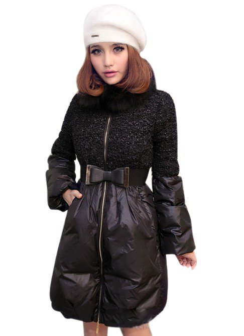 2013 New Fashion Women's  Fox Fur Collar Down Jacket Warm Winter Slim Style Coat Bow belt Free shipping WWY008