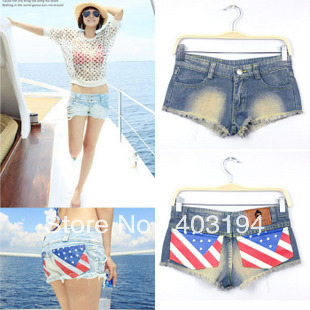 2013 New fashion women's hot ssy light color white national flag slim hip jeans denim shorts free shipping