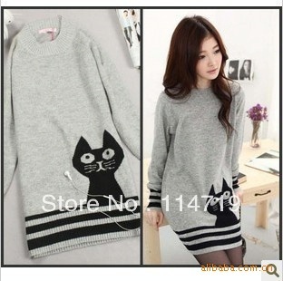 2013 NEW Fashion Women's Lady's Casual Korean Clothings loose cat knitted medium-long Woolen Gray Sweater Knitwear Free Shipping
