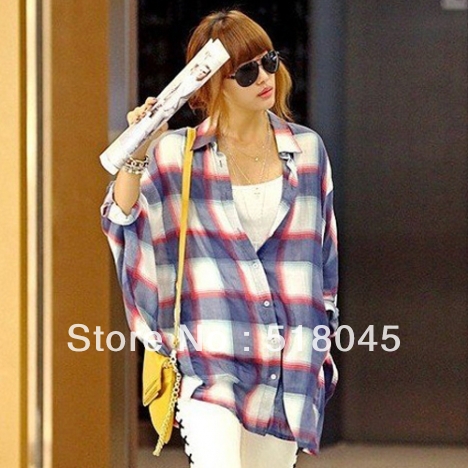 2013 New Fashion Women's Plaid Blouse Batwing Sleeves Dolman Tops Ladies Casual Loose Shirt T-Shirt for Women , Free shipping