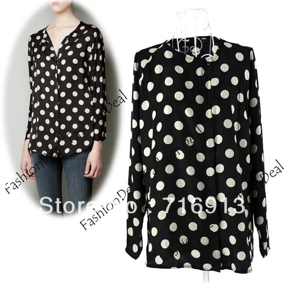 2013 New Fashion Women's Round Neck Long Sleeve Big Dot Chiffon Blouse Shirt Tops Free Shipping 11105