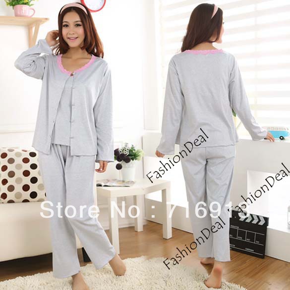 2013 New Fashion Women's Sleep Clothes Three-piece Suit Long Sleeve Lace Sleepwear Pajama Set Set 3 Sizes Free Shipping 11097