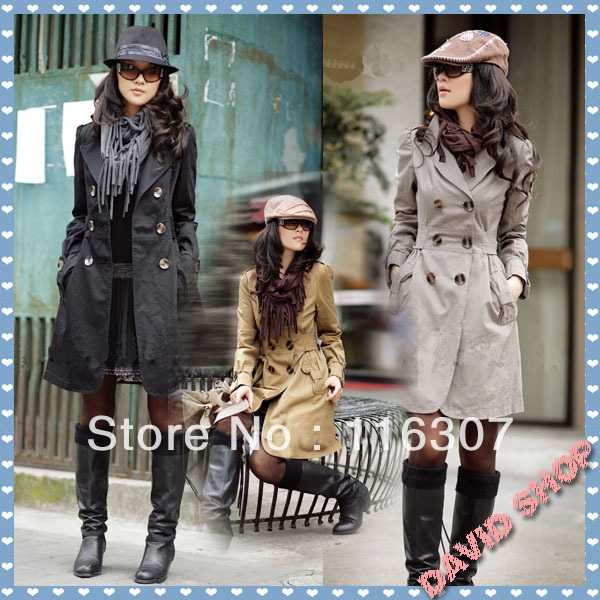 2013 New Fashion Women's Slim Fit Double-breasted Coat Casual jacket long Outwear Black, Land Yellow, Khaki free shipping