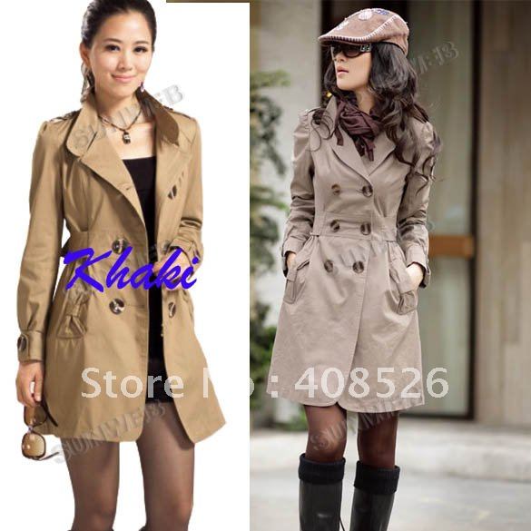 2013 New Fashion Women's Slim Fit Double-breasted Trench Coat Casual long Outwear Black, Brown, Khaki free shipping 3375