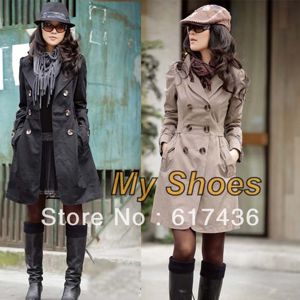 2013 New Fashion Women's Slim Fit Double-breasted Trench Coat Casual long Outwear Black, Brown, Khaki free shipping 3375