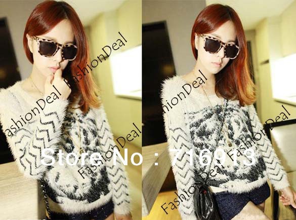 2013 New Fashion Women's Sweet Long Sleeve Knitted Sweater Top 2 Colors White/Orange Free Shipping 10061
