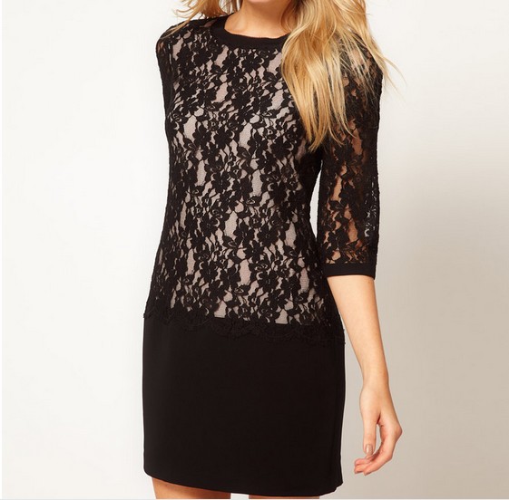2013 new fashion women's three quarter sleeve lace patchwork dresses women's O neck skirts