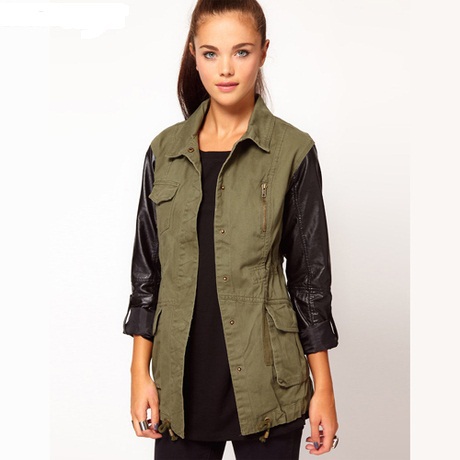 2013 New Fashion Women's Turndown collar black PU patchwork outerwear hunting jacket/Coat With drawstring,Free Shipping