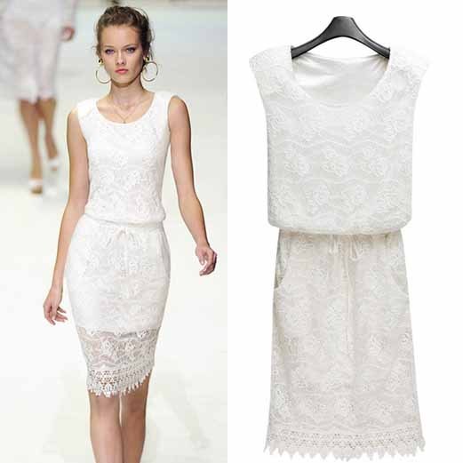 2013 New Fashion Women's Vintage Iace One-Piece Dress Shoulder Pads Slim Elegant White Sleeveless Slim Hip Skirt 0025