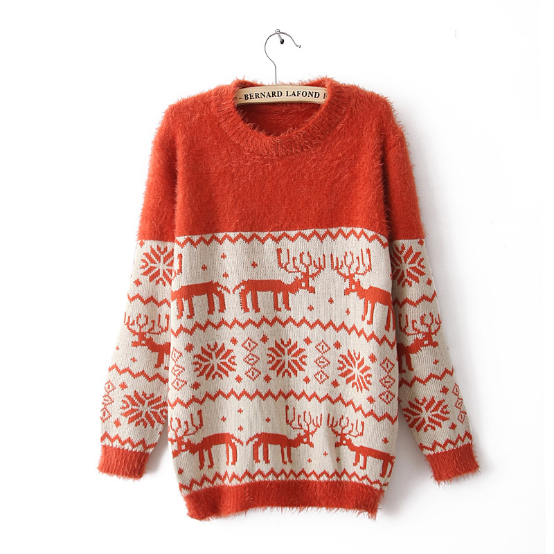 2013 New Fashion Women Snow and Fawn Pattern Knit Sweater Outerwear,spring and autumn loose sweet pullover sweater Free Shipping
