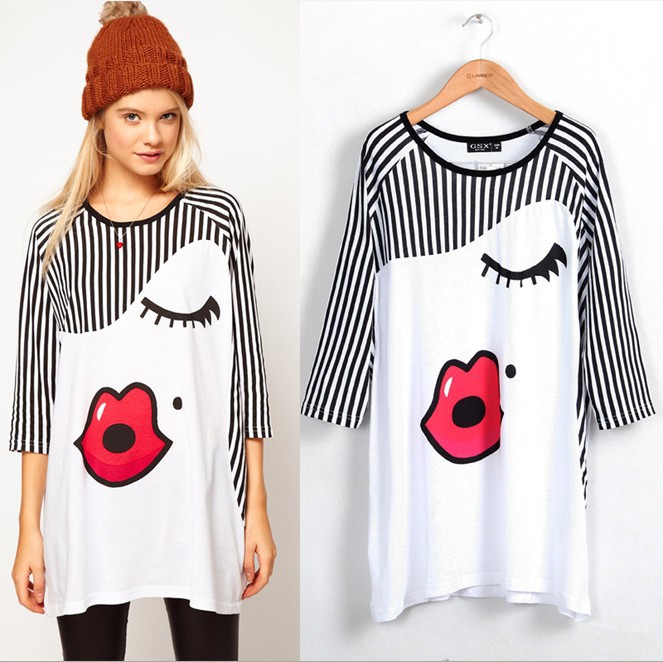 2013 new fashion womens' causal sexy Cut red lip eyes print T-shirt fashion cozy novelty tops hot loose style elegant tees