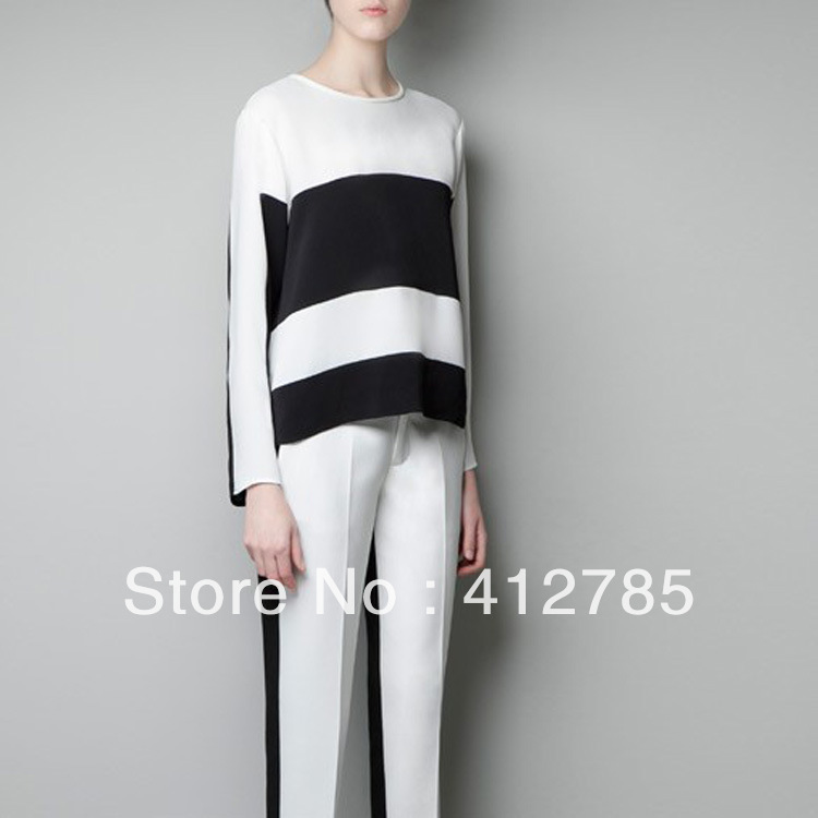 2013 New Fashion Womens' Classic Black and White Patchwork Chiffon Blouses Quality Casual Loose shirts O neck slim tops S131