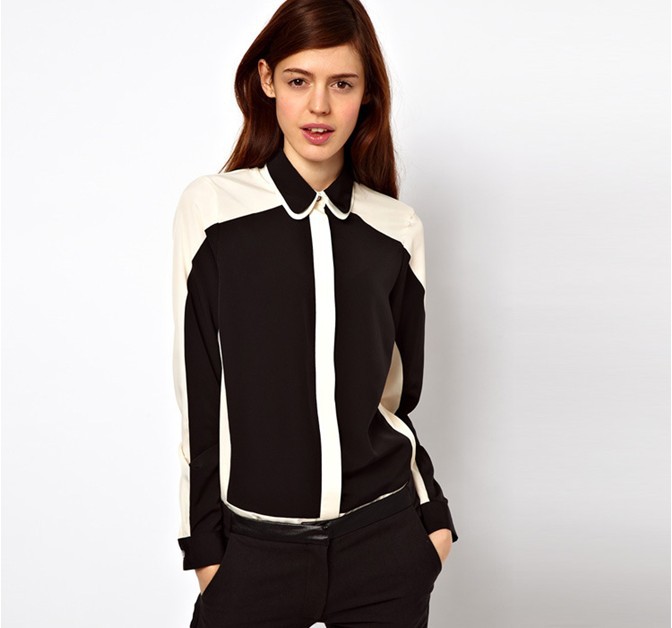 2013 new fashion womens' classic black white patchwork blouse long sleeve elegant casual shirts slim tops OL designer blouses