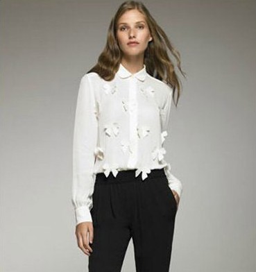 2013 new fashion womens' Cute elegant bow blouse long sleeve vintage elegant casual t shirt slim brand design tops
