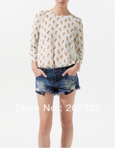 2013 New fashion womens' Cute Puppy dog print blouses Stud rivet shoulder elegant casual shirts slim tops designer blouses