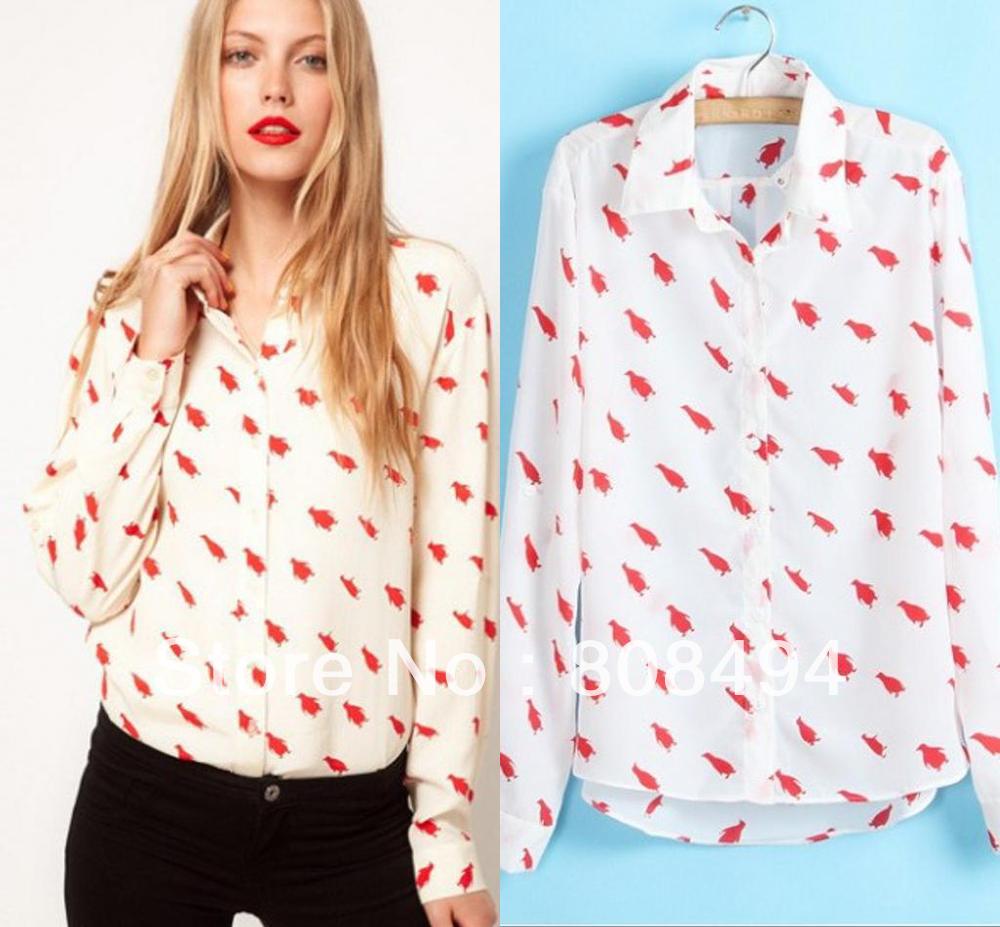 2013 New fashion womens fashion casual shirts penguin pattern printing lapel long sleeve Chiffon sheer blouses,LF1210