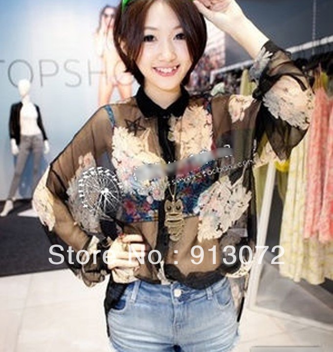 2013 new fashion womens' Floral print Black sexy chiffon blouse transparent see through long loos style elegant casual shirt top