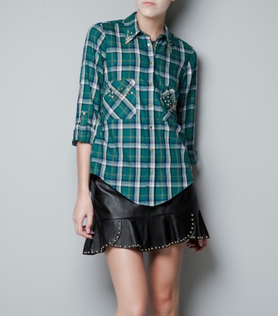 2013 new fashion womens' Green Plaid Rivet pockets Blouses metal stud collar elegant casual shirt slim brand designer tops