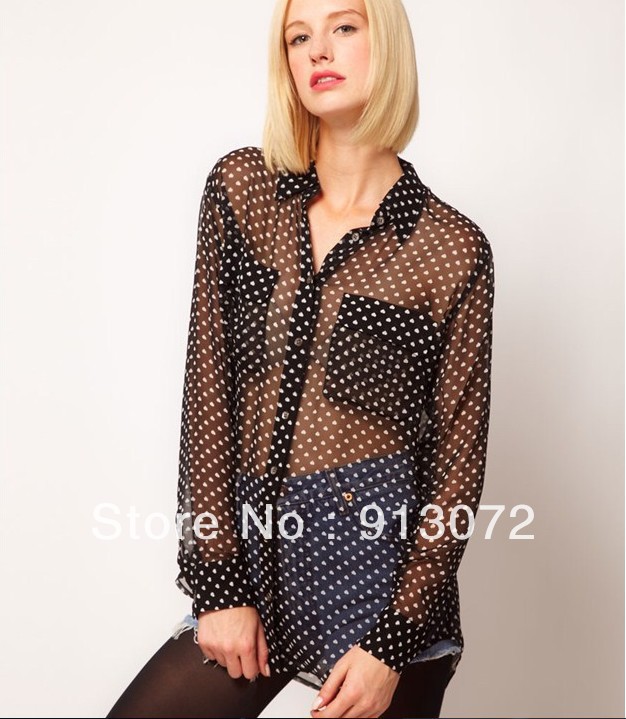 2013 new fashion womens' hearts print sexy chiffon blouse transparent see through with pocket elegant casual t shirt tops