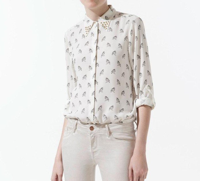 2013 new fashion womens' hooters bird print chiffon sliver button Rivet collar OL style simple casual blouse t shirt long sleeve