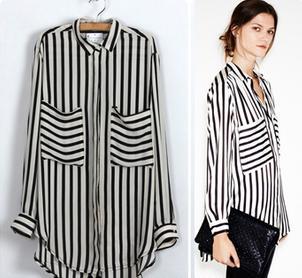 2013 New fashion womens' OL classic black Striped blouse elegant quality casual loose shirt big pockets tops brand blouse F32