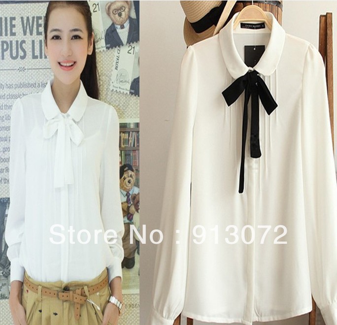2013 New fashion womens' OL Cute Bow chiffon blouse elegant casual designer shirts peter pan collar long sleeve Sweet tops