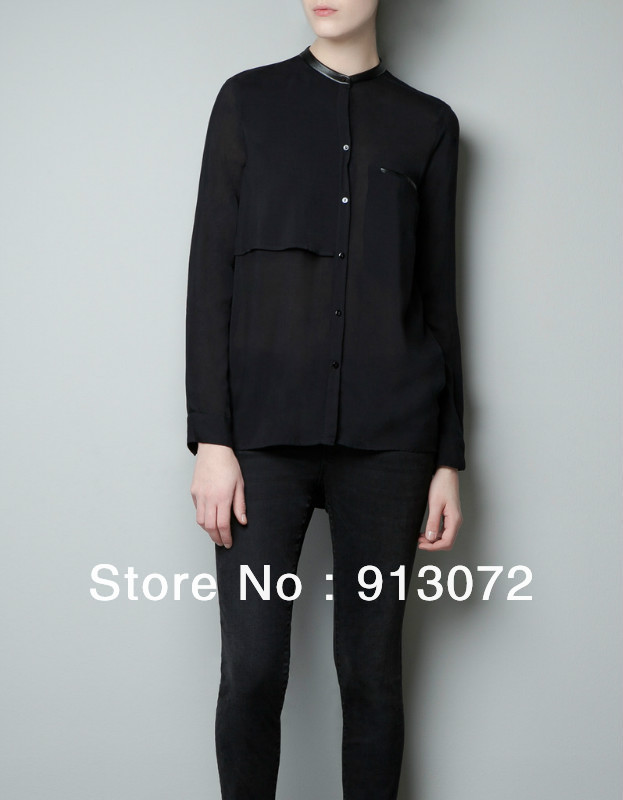 2013 New fashion womens' OL elegant basic pu leather collar blouse Long sleeve quality casual shirts slim brand designer tops