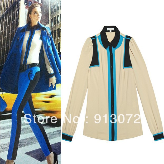 2013 New fashion womens' OL patchwork chiffon blouse elegant casual designer shirts peter pan collar long puff sleeve tops