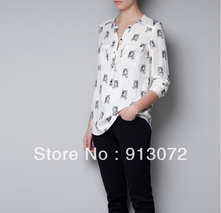 2013 New fashion womens' OL tiger heads print blouse elegant quality casual shirt slim tops brand design cool style blouse