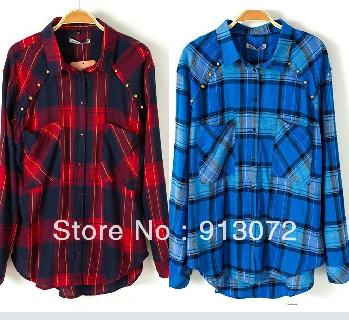 2013 new fashion womens' Plaid Rivet pockets blouse high quality elegant casual t shirt slim brand design free shipping