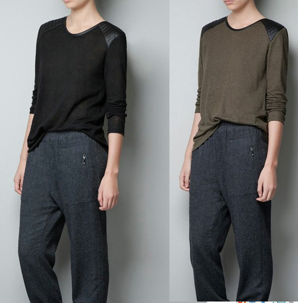 2013 new fashion womens' Pu Leather Shoulder Blouses Casual Patchwork coat T shirts quality designer elegant tops